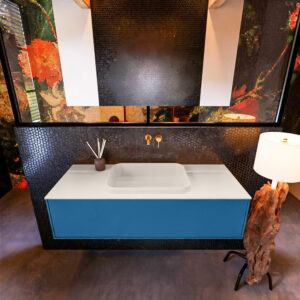 Badkamermeubelset Mondiaz Erin 120 cm met 1 Lade met RIDGE Wastafel Midden Linen Zonder Kraangaten Greeploos Mat Jeans