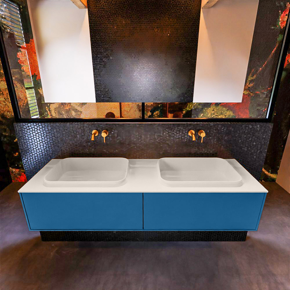 Badkamermeubelset Mondiaz Erin 150 cm met 2 Lades met RIDGE Wastafel Dubbel Linen Zonder Kraangaten Greeploos Mat Jeans