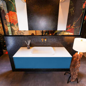 Badkamermeubelset Mondiaz Erin 120 cm met 1 Lade met RIDGE Wastafel Midden Talc Zonder Kraangaten Greeploos Mat Jeans