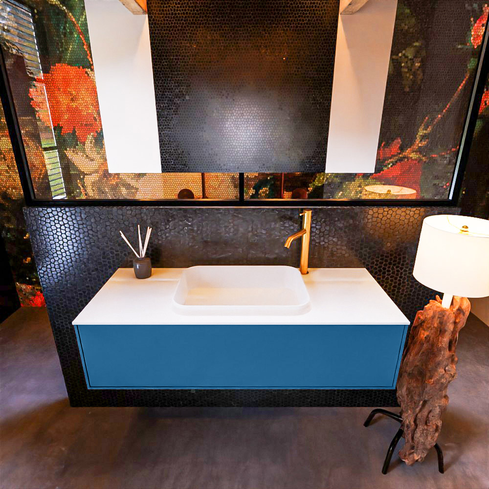 Badkamermeubelset Mondiaz Erin 120 cm met 1 Lade met RIDGE Wastafel Midden Talc met 1 kraangat Greeploos Mat Jeans