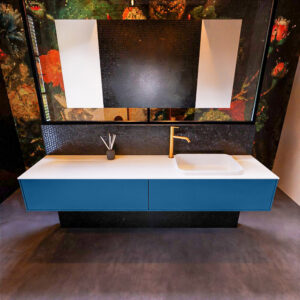 Badkamermeubelset Mondiaz Erin 200 cm met 2 Lades met RIDGE Wastafel Rechts Talc met 1 kraangat Greeploos Mat Jeans