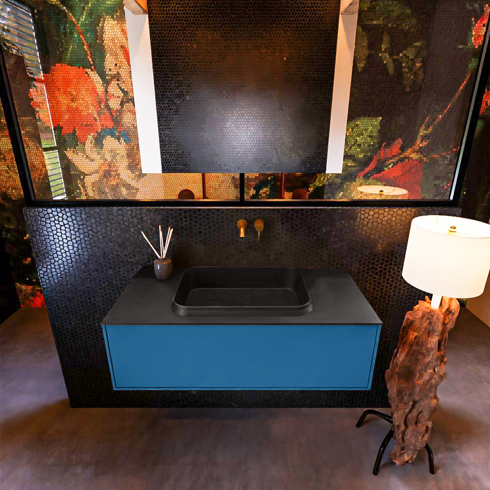 Badkamermeubelset Mondiaz Erin 100 cm met 1 Lade met RIDGE Wastafel Midden Urban Zonder Kraangaten Greeploos Mat Jeans