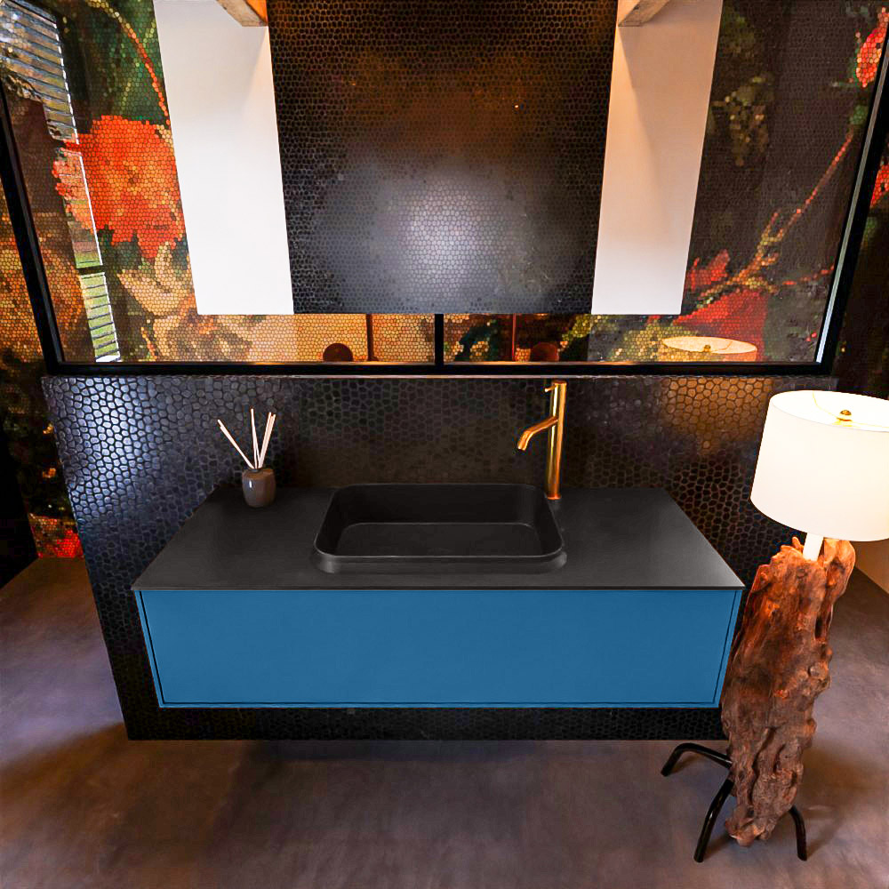 Badkamermeubelset Mondiaz Erin 120 cm met 1 Lade met RIDGE Wastafel Midden Urban met 1 kraangat Greeploos Mat Jeans