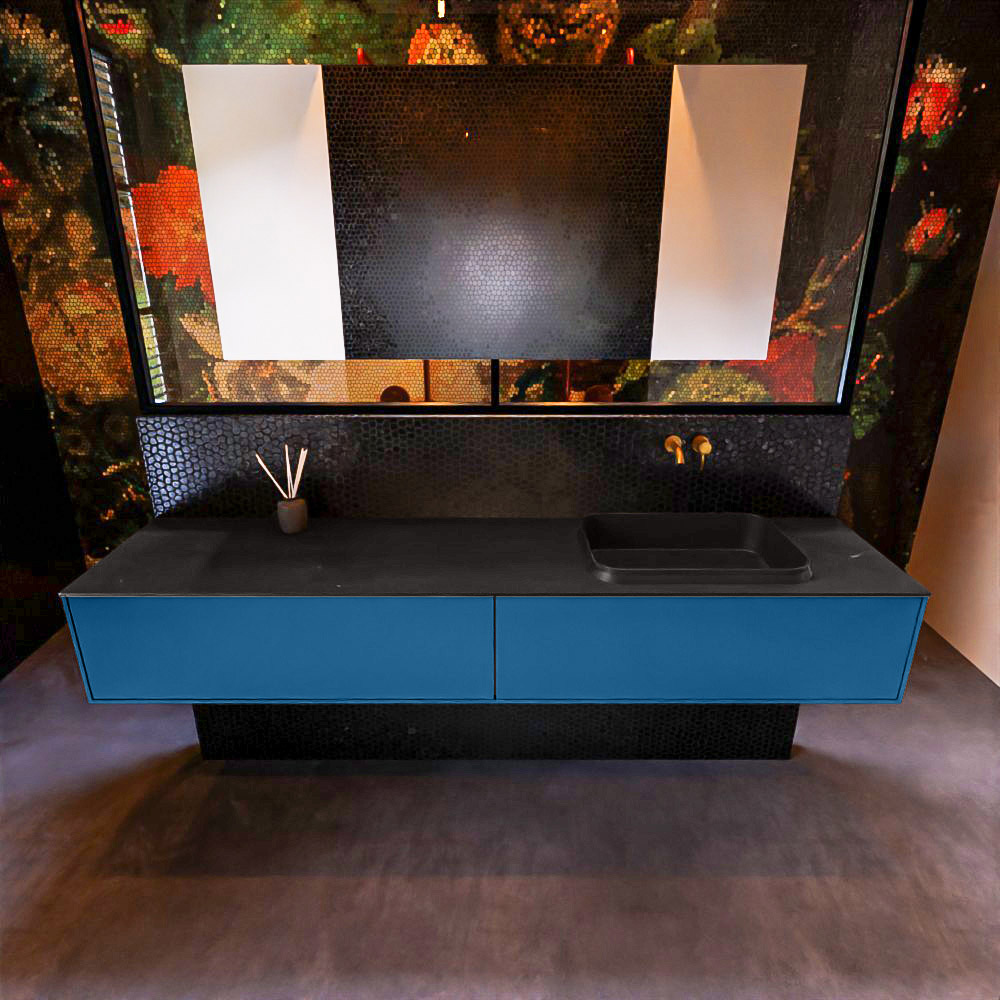 Badkamermeubelset Mondiaz Erin 200 cm met 2 Lades met RIDGE Wastafel Rechts Urban Zonder Kraangaten Greeploos Mat Jeans
