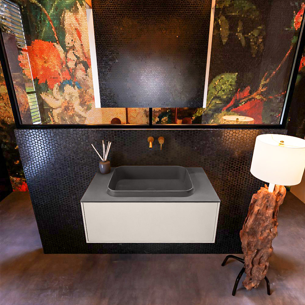 Badkamermeubelset Mondiaz Erin 80 cm met 1 Lade met RIDGE Wastafel Midden Dark grey Zonder Kraangaten Greeploos Mat Linen