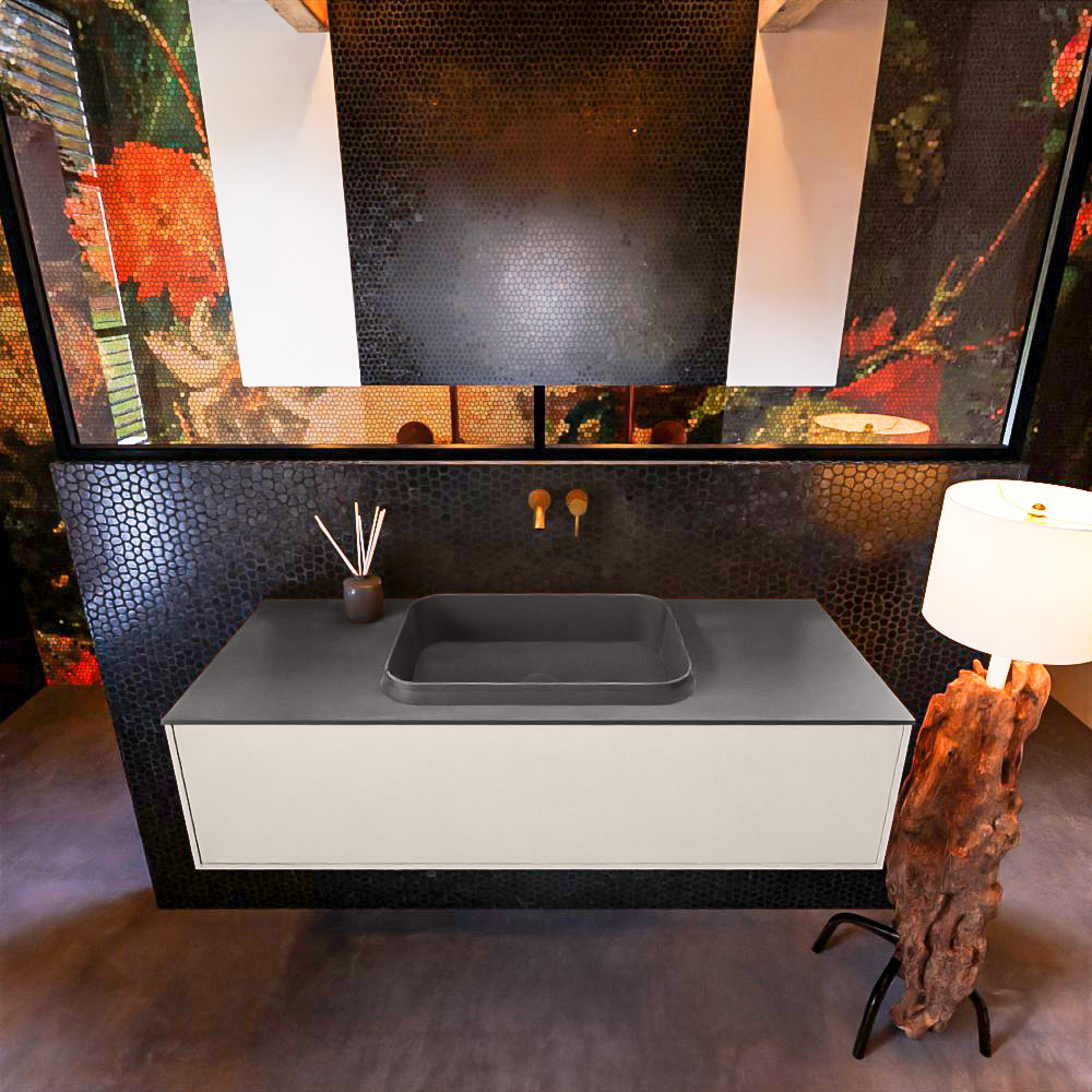 Badkamermeubelset Mondiaz Erin 120 cm met 1 Lade met RIDGE Wastafel Midden Dark grey Zonder Kraangaten Greeploos Mat Linen