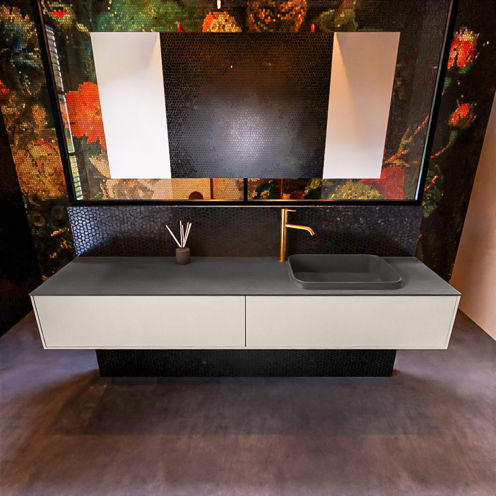 Badkamermeubelset Mondiaz Erin 200 cm met 2 Lades met RIDGE Wastafel Rechts Dark grey met 1 kraangat Greeploos Mat Linen