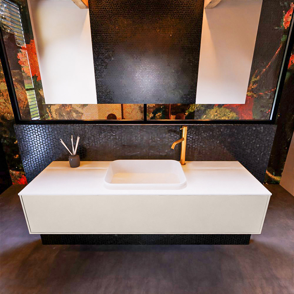 Badkamermeubelset Mondiaz Erin 150 cm met 1 Lade met RIDGE Wastafel Midden Talc met 1 kraangat Greeploos Mat Linen