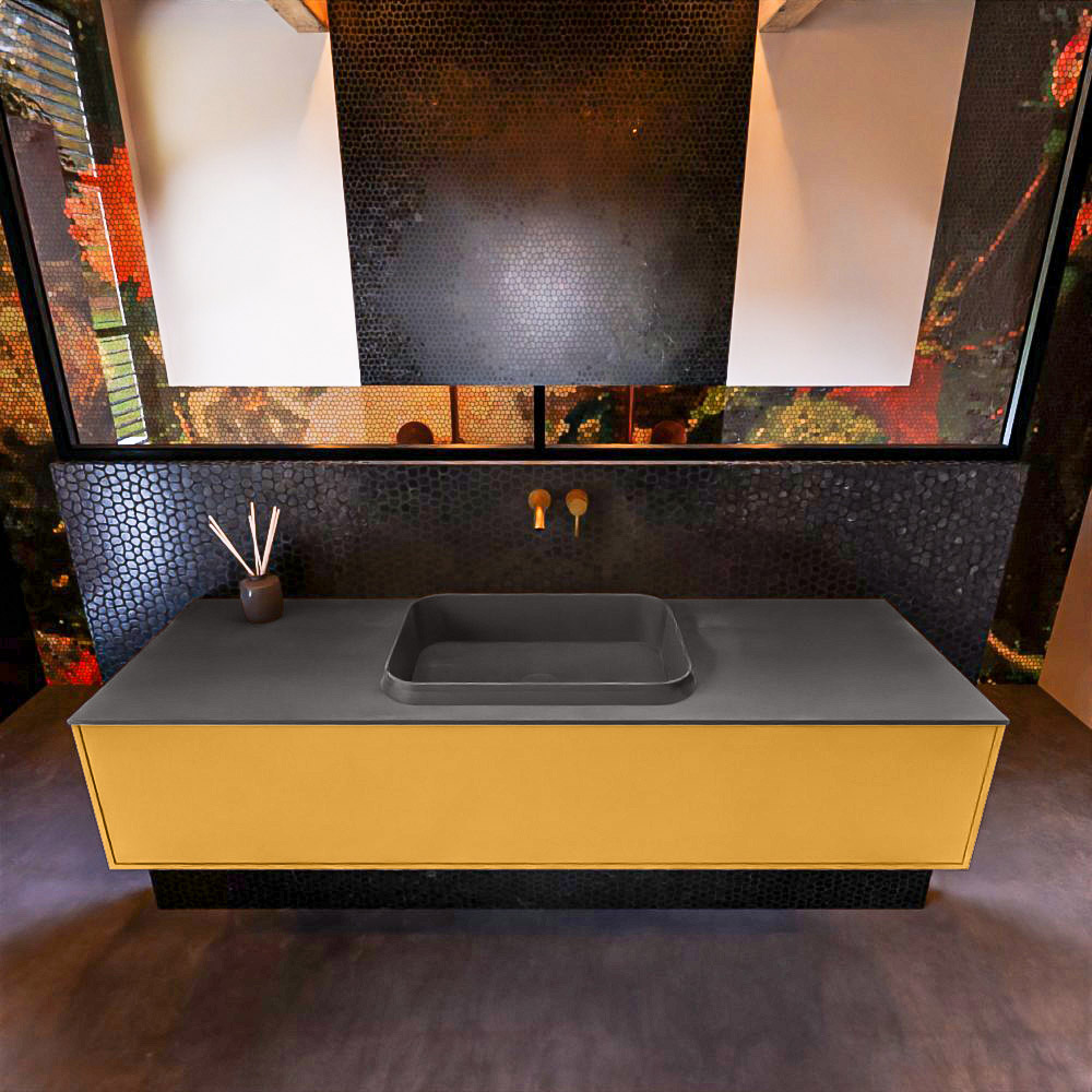 Badkamermeubelset Mondiaz Erin 150 cm met 1 Lade met RIDGE Wastafel Midden Dark grey Zonder Kraangaten Greeploos Mat Ocher