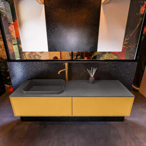 Badkamermeubelset Mondiaz Erin 150 cm met 2 Lades met RIDGE Wastafel Links Dark grey met 1 kraangat Greeploos Mat Ocher