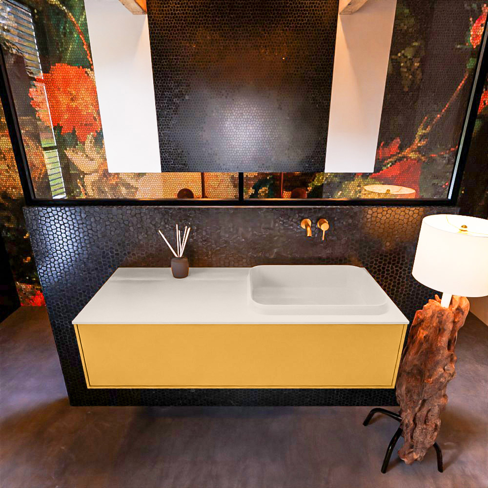 Badkamermeubelset Mondiaz Erin 120 cm met 1 Lade met RIDGE Wastafel Rechts Linen Zonder Kraangaten Greeploos Mat Ocher