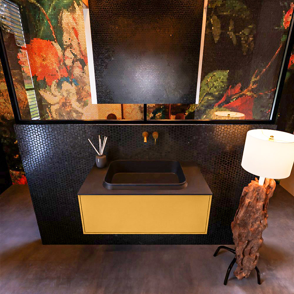 Badkamermeubelset Mondiaz Erin 80 cm met 1 Lade met RIDGE Wastafel Midden Urban Zonder Kraangaten Greeploos Mat Ocher