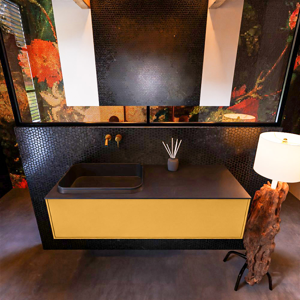 Badkamermeubelset Mondiaz Erin 120 cm met 1 Lade met RIDGE Wastafel Links Urban Zonder Kraangaten Greeploos Mat Ocher