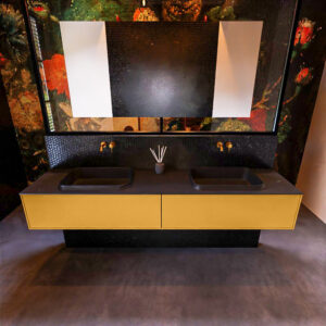 Badkamermeubelset Mondiaz Erin 200 cm met 2 Lades met RIDGE Wastafel Dubbel Urban Zonder Kraangaten Greeploos Mat Ocher