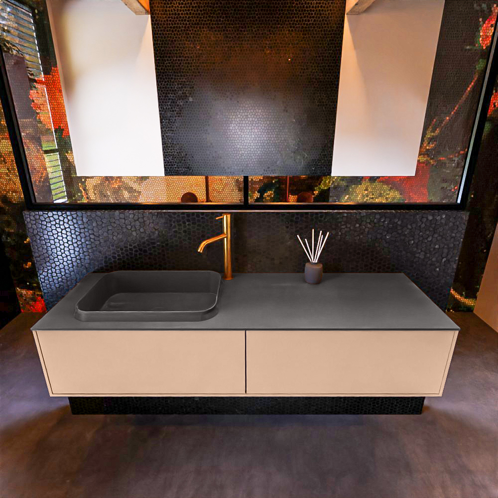 Badkamermeubelset Mondiaz Erin 150 cm met 2 Lades met RIDGE Wastafel Links Dark grey met 1 kraangat Greeploos Mat Rosee