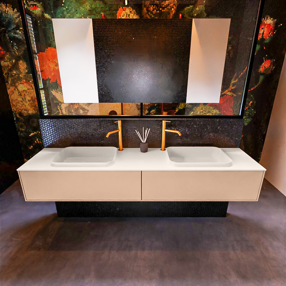 Badkamermeubelset Mondiaz Erin 200 cm met 2 Lades met RIDGE Wastafel Dubbel Linen met 2 kraangaten Greeploos Mat Rosee