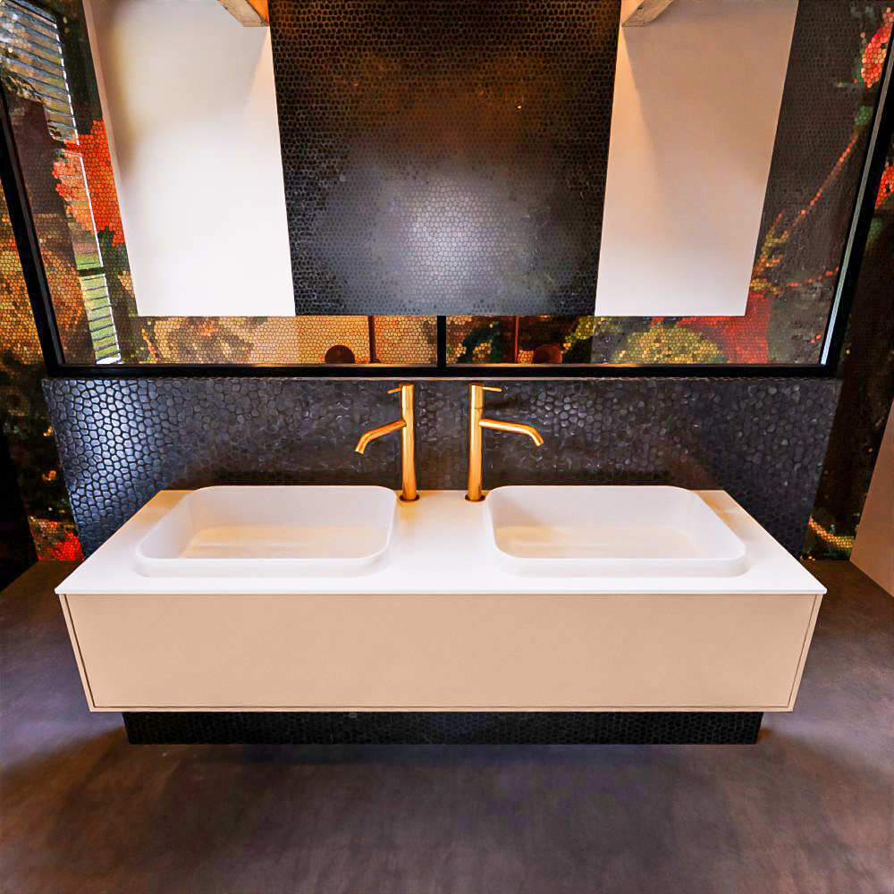 Badkamermeubelset Mondiaz Erin 150 cm met 1 Lade met RIDGE Wastafel Dubbel Talc met 2 kraangaten Greeploos Mat Rosee