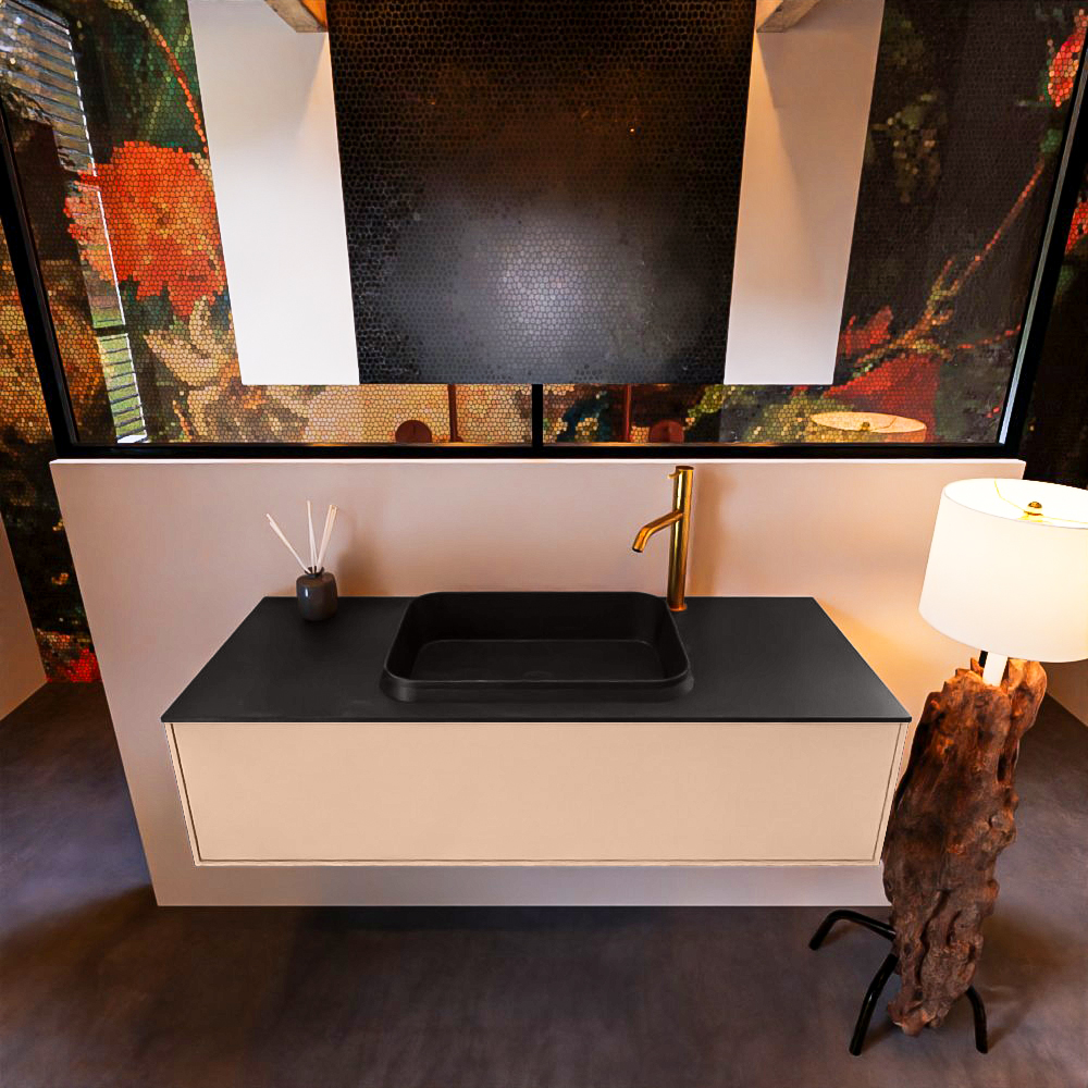 Badkamermeubelset Mondiaz Erin 120 cm met 1 Lade met RIDGE Wastafel Midden Urban met 1 kraangat Greeploos Mat Rosee