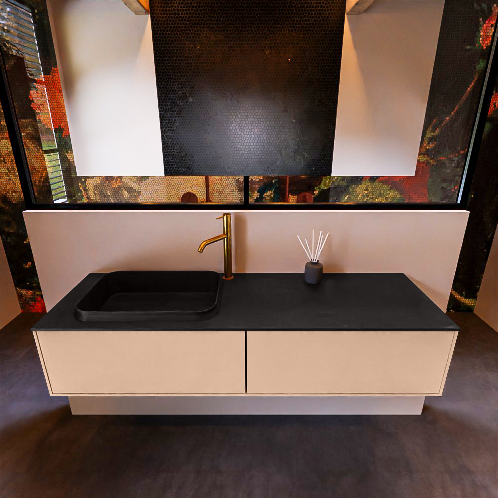 Badkamermeubelset Mondiaz Erin 150 cm met 2 Lades met RIDGE Wastafel Links Urban met 1 kraangat Greeploos Mat Rosee