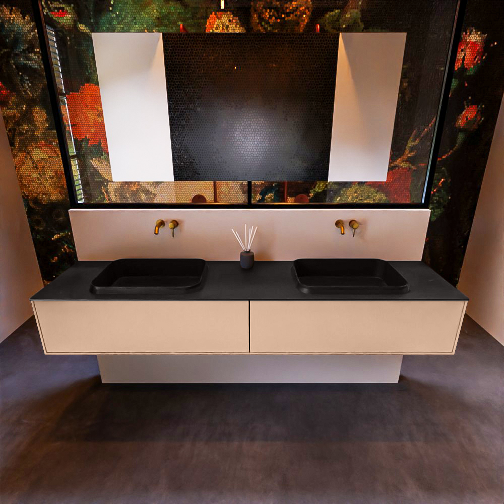 Badkamermeubelset Mondiaz Erin 200 cm met 2 Lades met RIDGE Wastafel Dubbel Urban Zonder Kraangaten Greeploos Mat Rosee