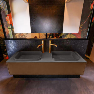 Badkamermeubelset Mondiaz Erin 150 cm met 1 Lade met RIDGE Wastafel Dubbel Dark grey met 2 kraangaten Greeploos Mat Rust