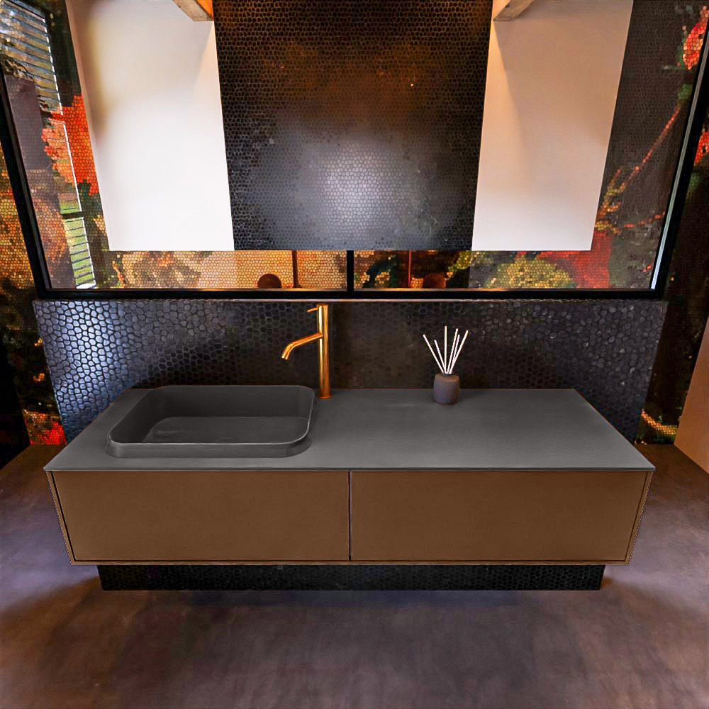 Badkamermeubelset Mondiaz Erin 150 cm met 2 Lades met RIDGE Wastafel Links Dark grey met 1 kraangat Greeploos Mat Rust