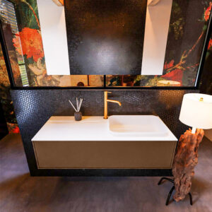 Badkamermeubelset Mondiaz Erin 120 cm met 1 Lade met RIDGE Wastafel Rechts Talc met 1 kraangat Greeploos Mat Rust