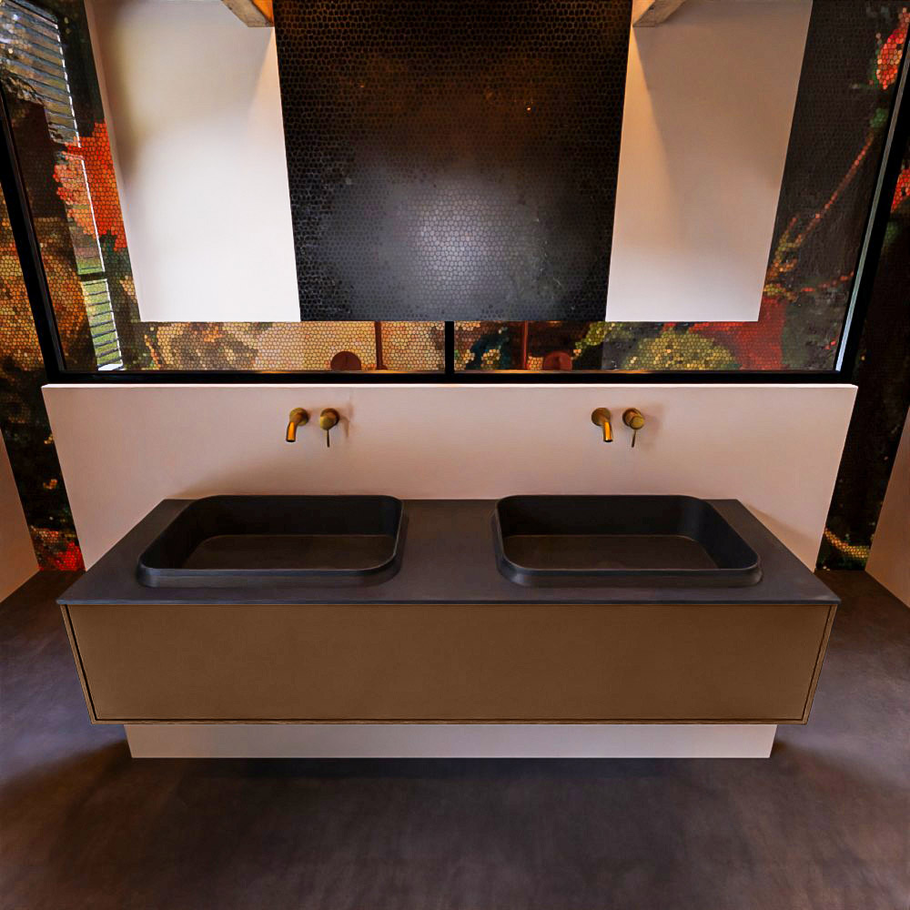 Badkamermeubelset Mondiaz Erin 150 cm met 1 Lade met RIDGE Wastafel Dubbel Urban Zonder Kraangaten Greeploos Mat Rust