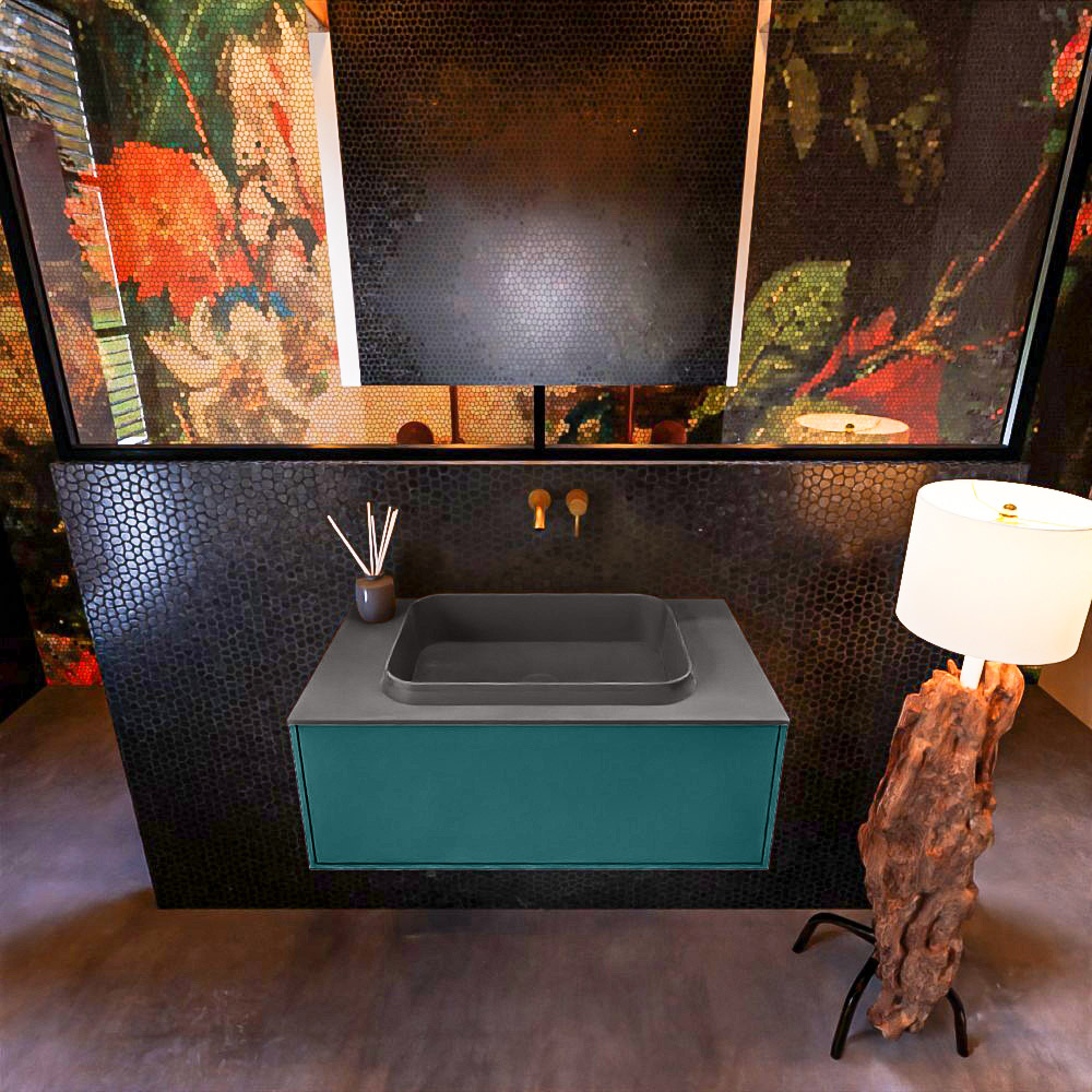 Badkamermeubelset Mondiaz Erin 80 cm met 1 Lade met RIDGE Wastafel Midden Dark grey Zonder Kraangaten Greeploos Mat Smag