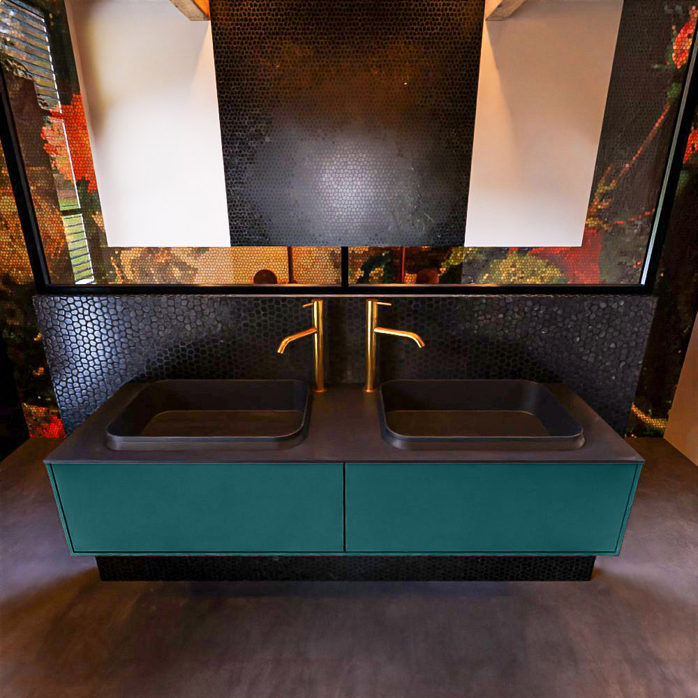 Badkamermeubelset Mondiaz Erin 150 cm met 2 Lades met RIDGE Wastafel Dubbel Urban met 2 kraangaten Greeploos Mat Smag