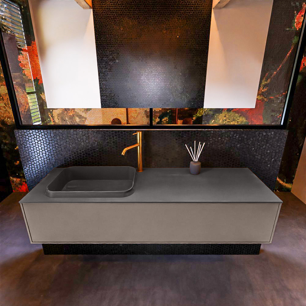 Badkamermeubelset Mondiaz Erin 150 cm met 1 Lade met RIDGE Wastafel Links Dark grey met 1 kraangat Greeploos Mat Smoke