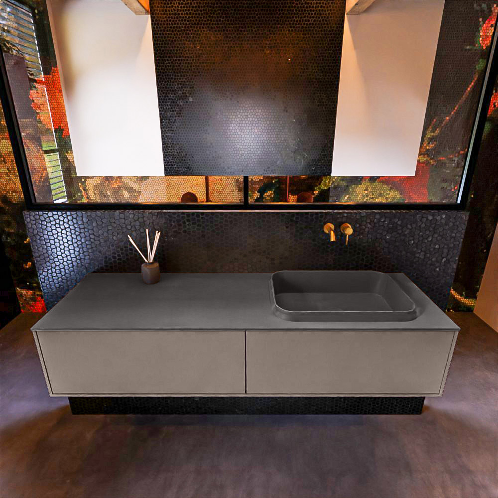 Badkamermeubelset Mondiaz Erin 150 cm met 2 Lades met RIDGE Wastafel Rechts Dark grey Zonder Kraangaten Greeploos Mat Smoke