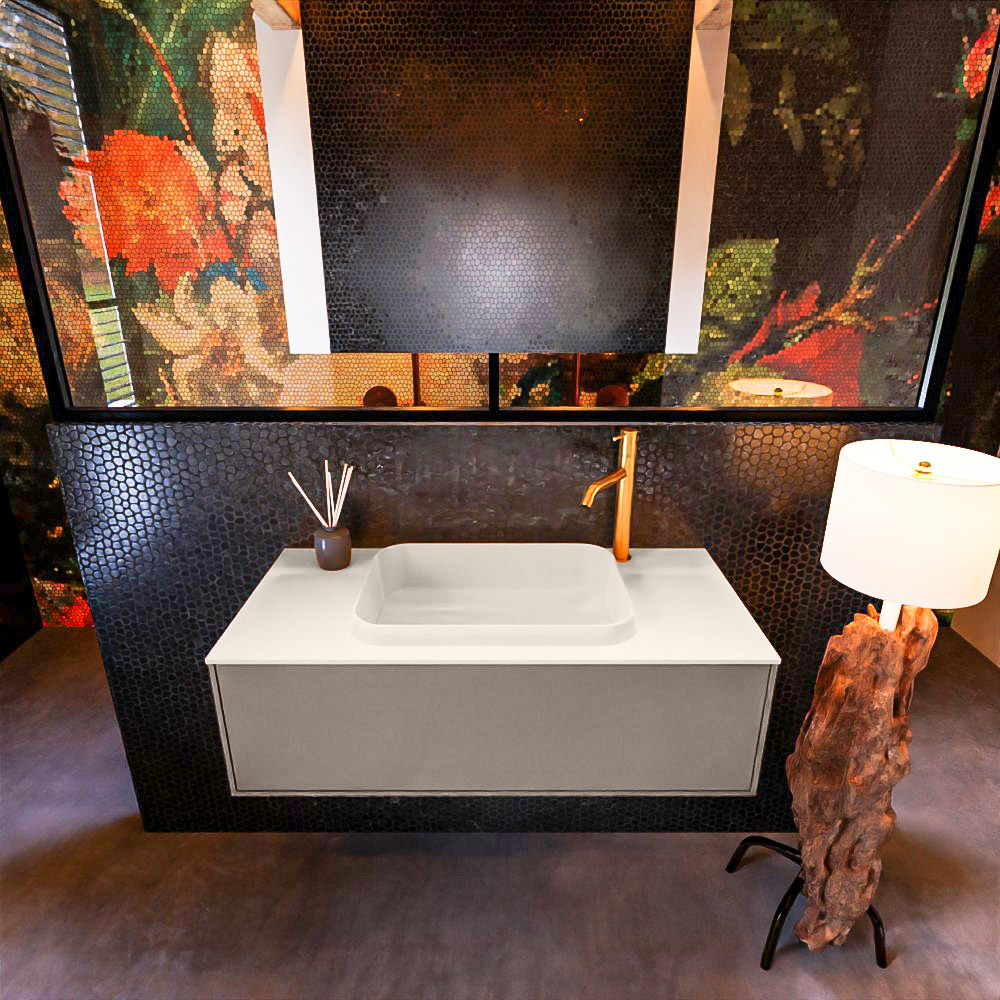 Badkamermeubelset Mondiaz Erin 100 cm met 1 Lade met RIDGE Wastafel Midden Linen met 1 kraangat Greeploos Mat Smoke