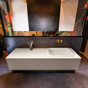 Badkamermeubelset Mondiaz Erin 150 cm met 1 Lade met RIDGE Wastafel Rechts Linen Zonder Kraangaten Greeploos Mat Smoke