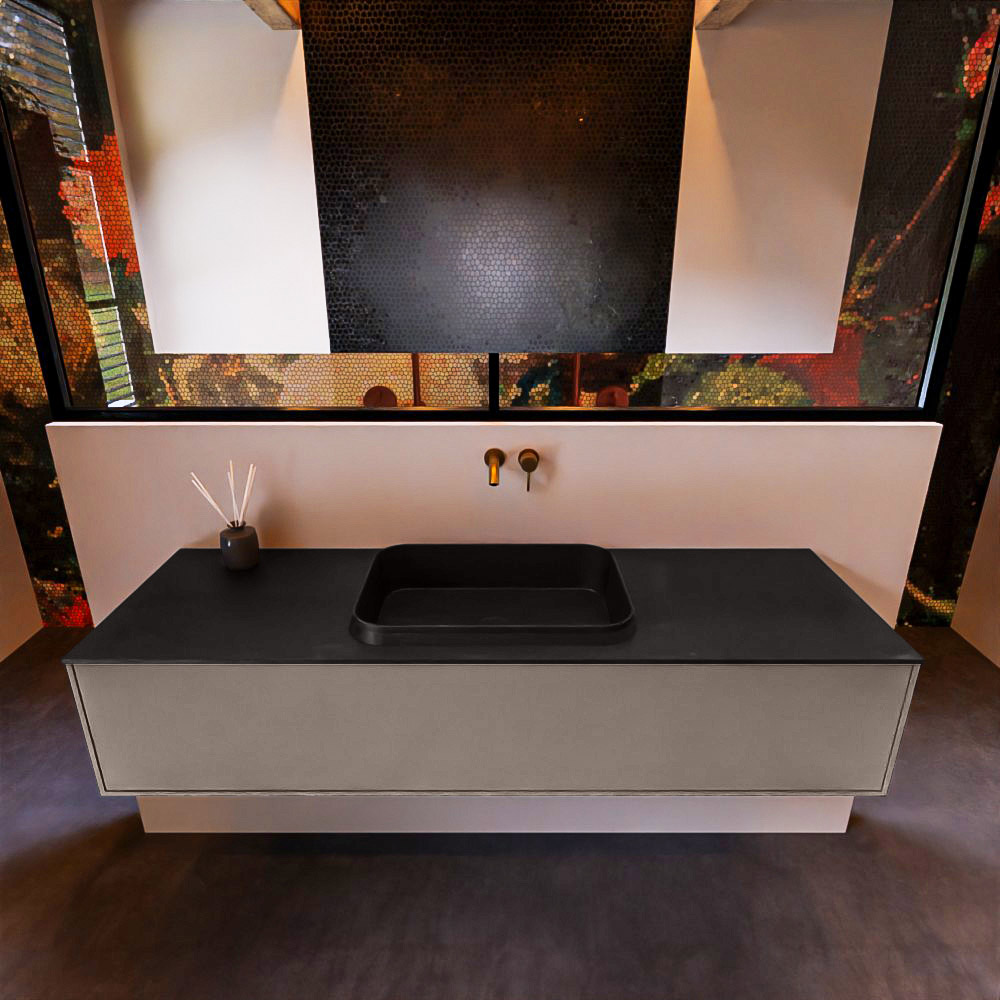 Badkamermeubelset Mondiaz Erin 150 cm met 1 Lade met RIDGE Wastafel Midden Urban Zonder Kraangaten Greeploos Mat Smoke