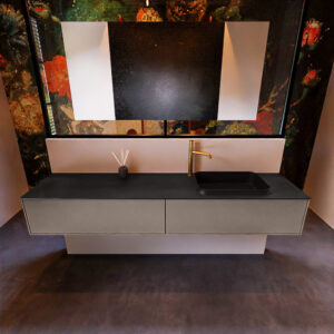 Badkamermeubelset Mondiaz Erin 200 cm met 2 Lades met RIDGE Wastafel Rechts Urban met 1 kraangat Greeploos Mat Smoke