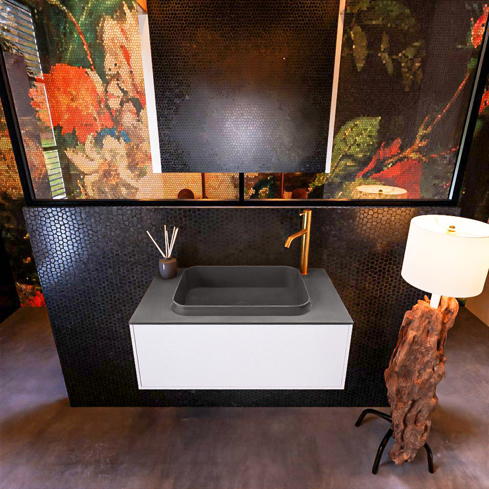 Badkamermeubelset Mondiaz Erin 80 cm met 1 Lade met RIDGE Wastafel Midden Dark grey met 1 kraangat Greeploos Mat Talc