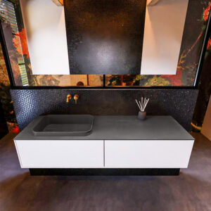 Badkamermeubelset Mondiaz Erin 150 cm met 2 Lades met RIDGE Wastafel Links Dark grey Zonder Kraangaten Greeploos Mat Talc