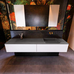 Badkamermeubelset Mondiaz Erin 200 cm met 2 Lades met RIDGE Wastafel Rechts Dark grey Zonder Kraangaten Greeploos Mat Talc