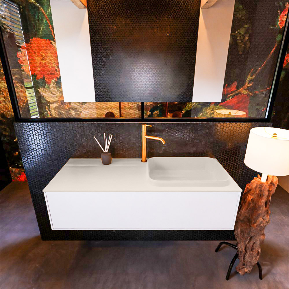 Badkamermeubelset Mondiaz Erin 120 cm met 1 Lade met RIDGE Wastafel Rechts Linen met 1 kraangat Greeploos Mat Talc