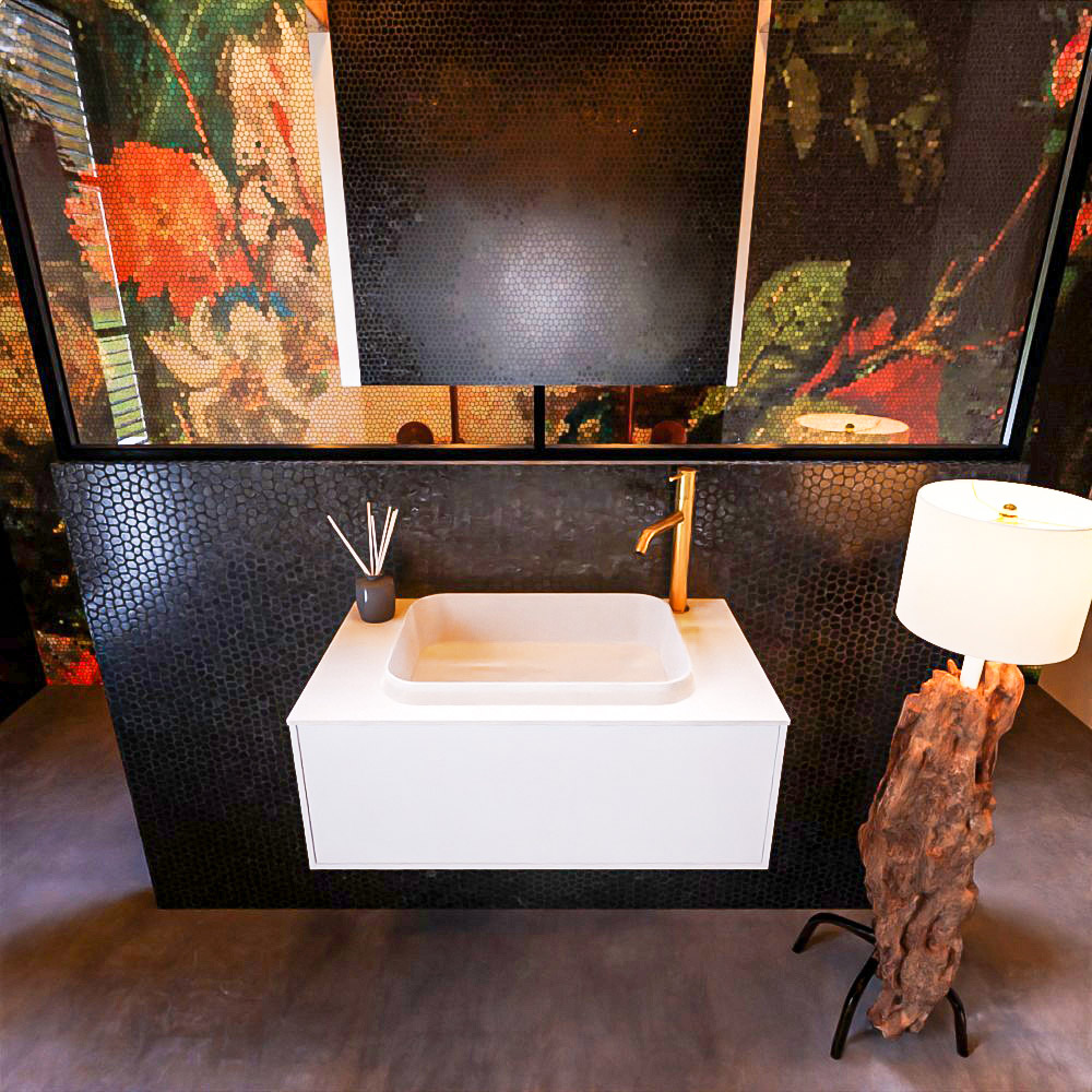 Badkamermeubelset Mondiaz Erin 80 cm met 1 Lade met RIDGE Wastafel Midden Talc met 1 kraangat Greeploos Mat Talc