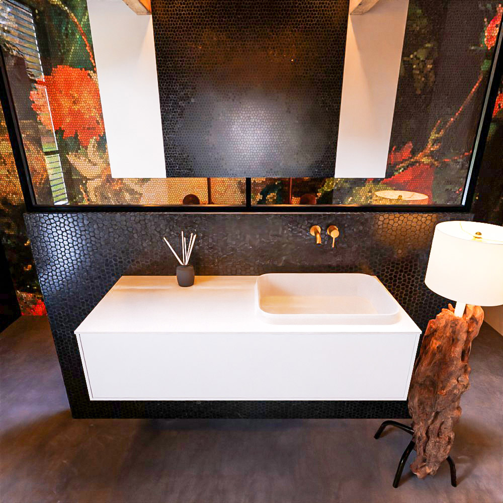 Badkamermeubelset Mondiaz Erin 120 cm met 1 Lade met RIDGE Wastafel Rechts Talc Zonder Kraangaten Greeploos Mat Talc