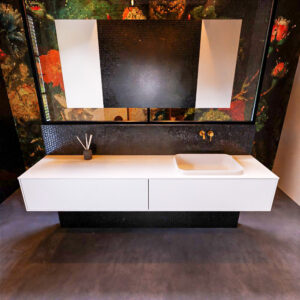 Badkamermeubelset Mondiaz Erin 200 cm met 2 Lades met RIDGE Wastafel Rechts Talc Zonder Kraangaten Greeploos Mat Talc