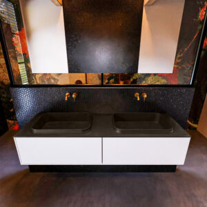 Badkamermeubelset Mondiaz Erin 150 cm met 2 Lades met RIDGE Wastafel Dubbel Urban Zonder Kraangaten Greeploos Mat Talc