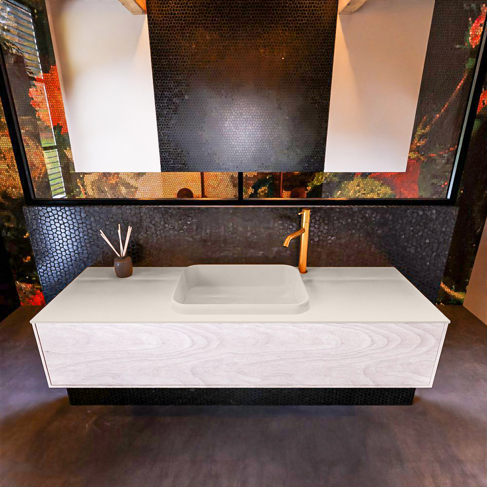 Badkamermeubelset Mondiaz Erin 150 cm met 1 Lade met RIDGE Wastafel Midden Linen met 1 kraangat Greeploos Mat Underlayment