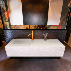 Badkamermeubelset Mondiaz Erin 150 cm met 1 Lade met RIDGE Wastafel Links Linen met 1 kraangat Greeploos Mat Underlayment