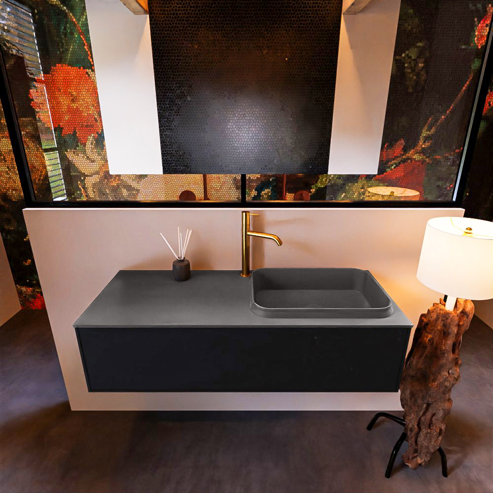 Badkamermeubelset Mondiaz Erin 120 cm met 1 Lade met RIDGE Wastafel Rechts Dark grey met 1 kraangat Greeploos Mat Urban