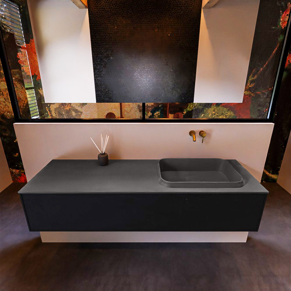 Badkamermeubelset Mondiaz Erin 150 cm met 1 Lade met RIDGE Wastafel Rechts Dark grey Zonder Kraangaten Greeploos Mat Urban