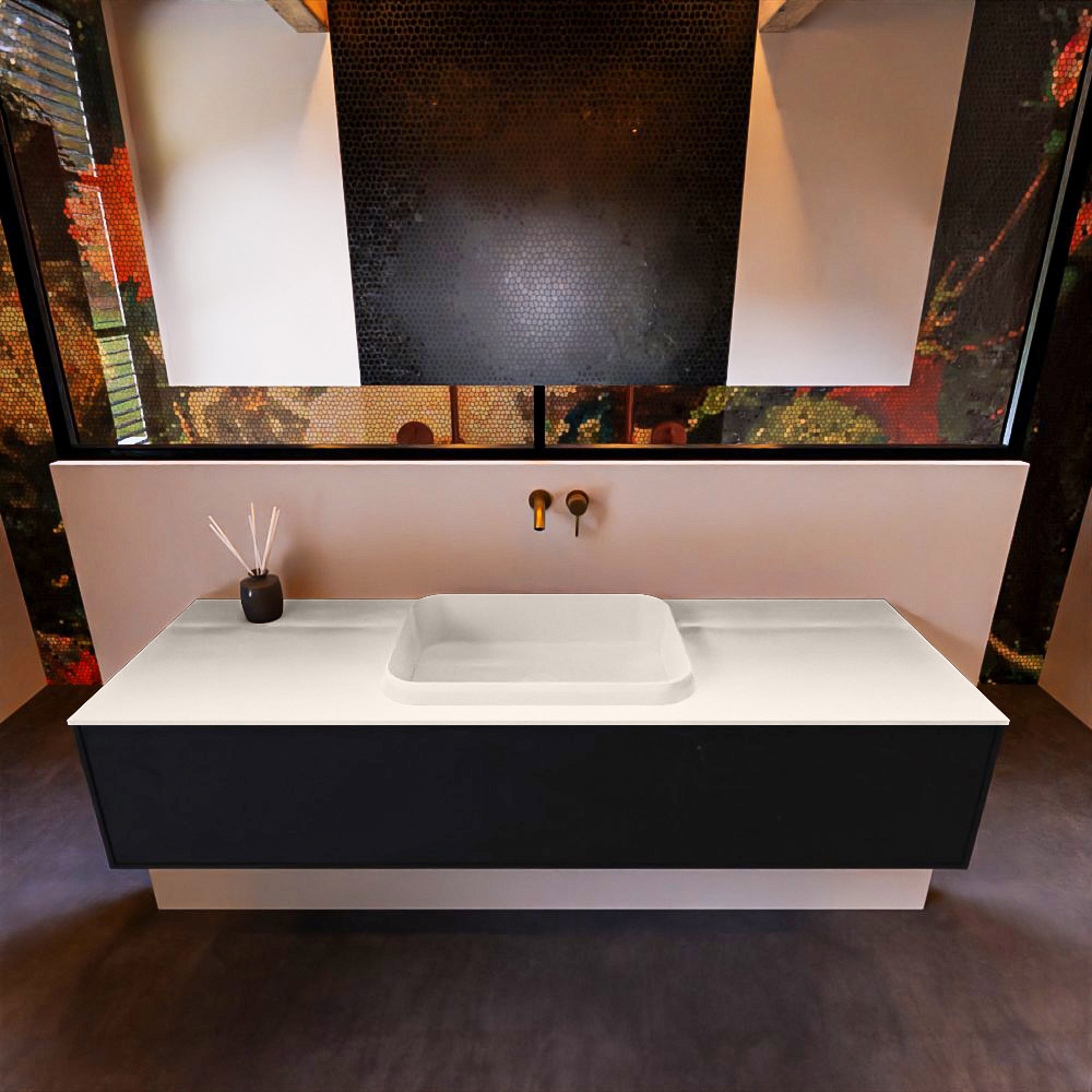 Badkamermeubelset Mondiaz Erin 150 cm met 1 Lade met RIDGE Wastafel Midden Linen Zonder Kraangaten Greeploos Mat Urban