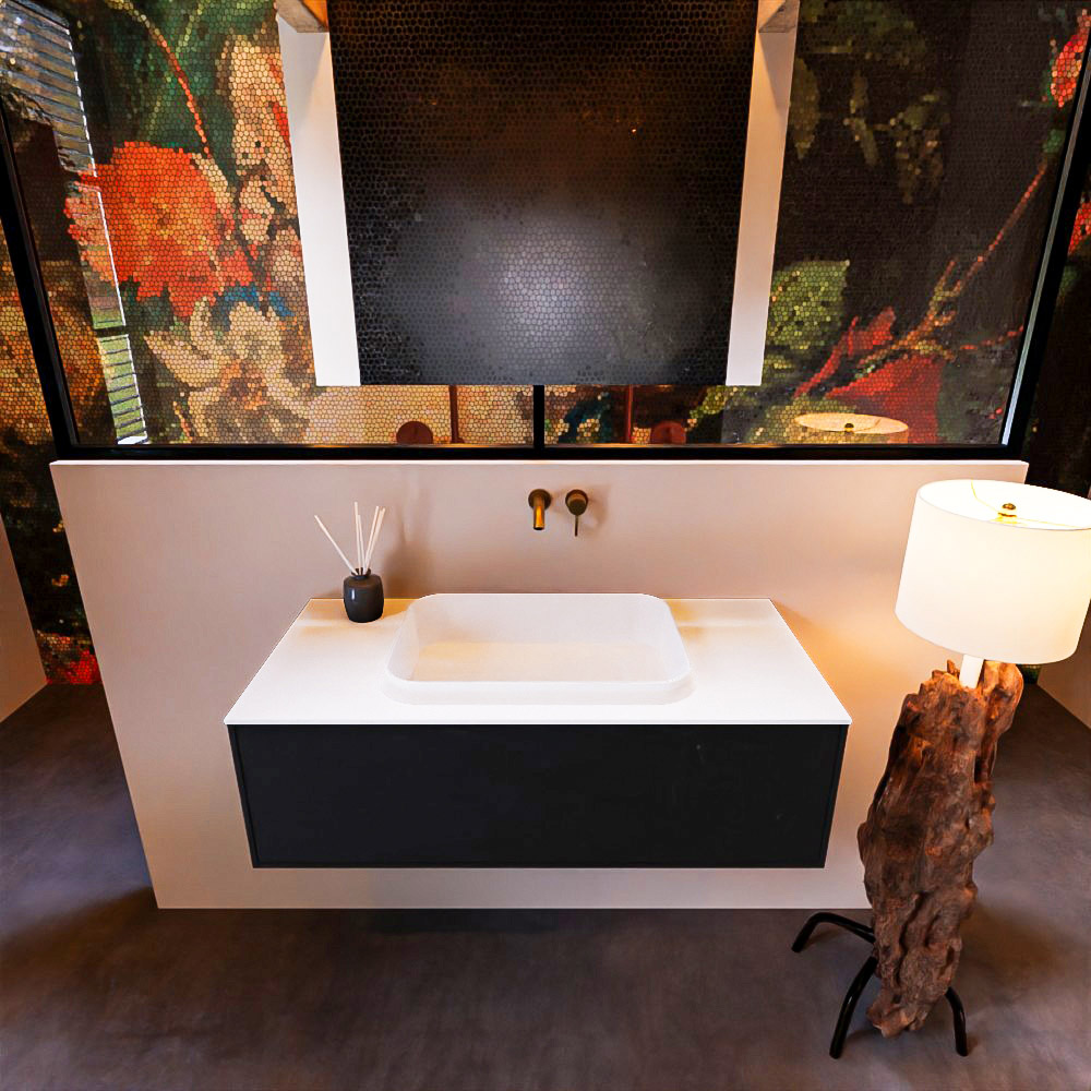 Badkamermeubelset Mondiaz Erin 100 cm met 1 Lade met RIDGE Wastafel Midden Talc Zonder Kraangaten Greeploos Mat Urban